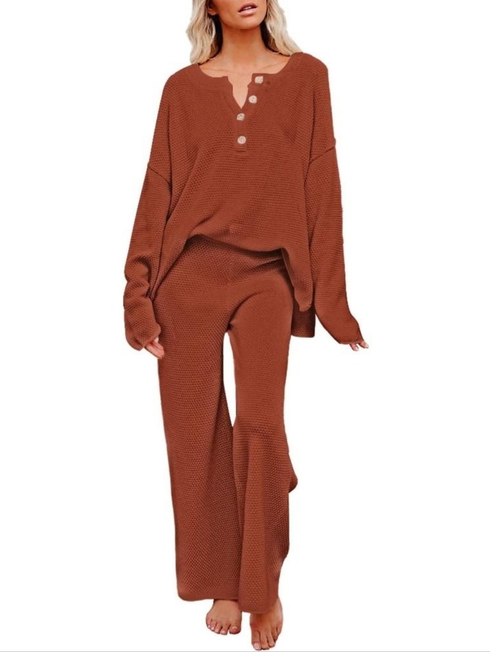 NWOT Unbranded 2pc Waffle Knit Set In Rust sz LARGE
